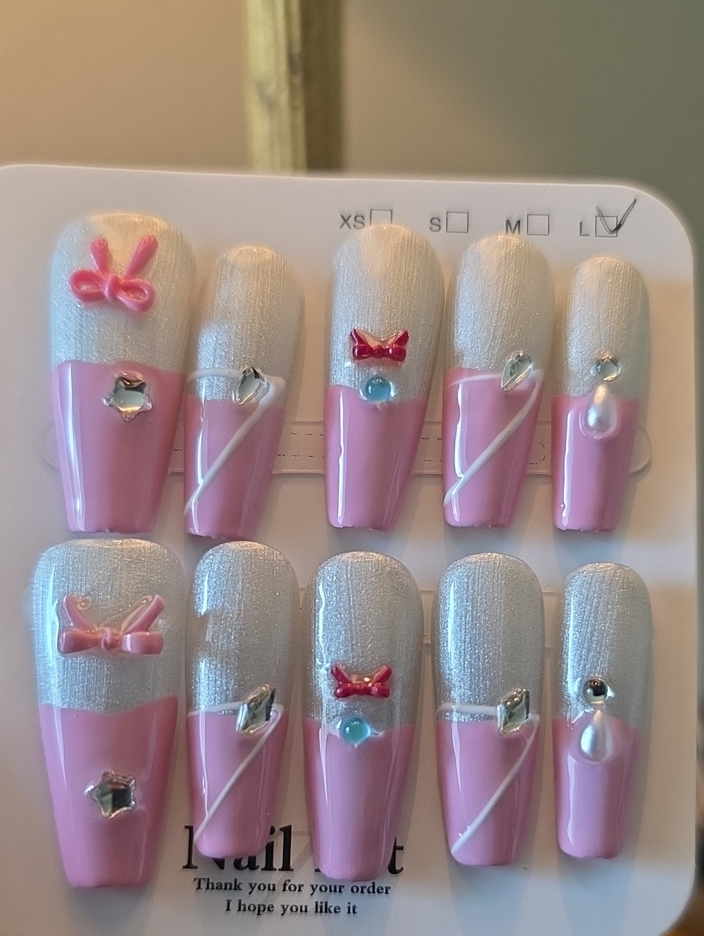 Pink and Silver Nail Set with Bow Accents Size Large